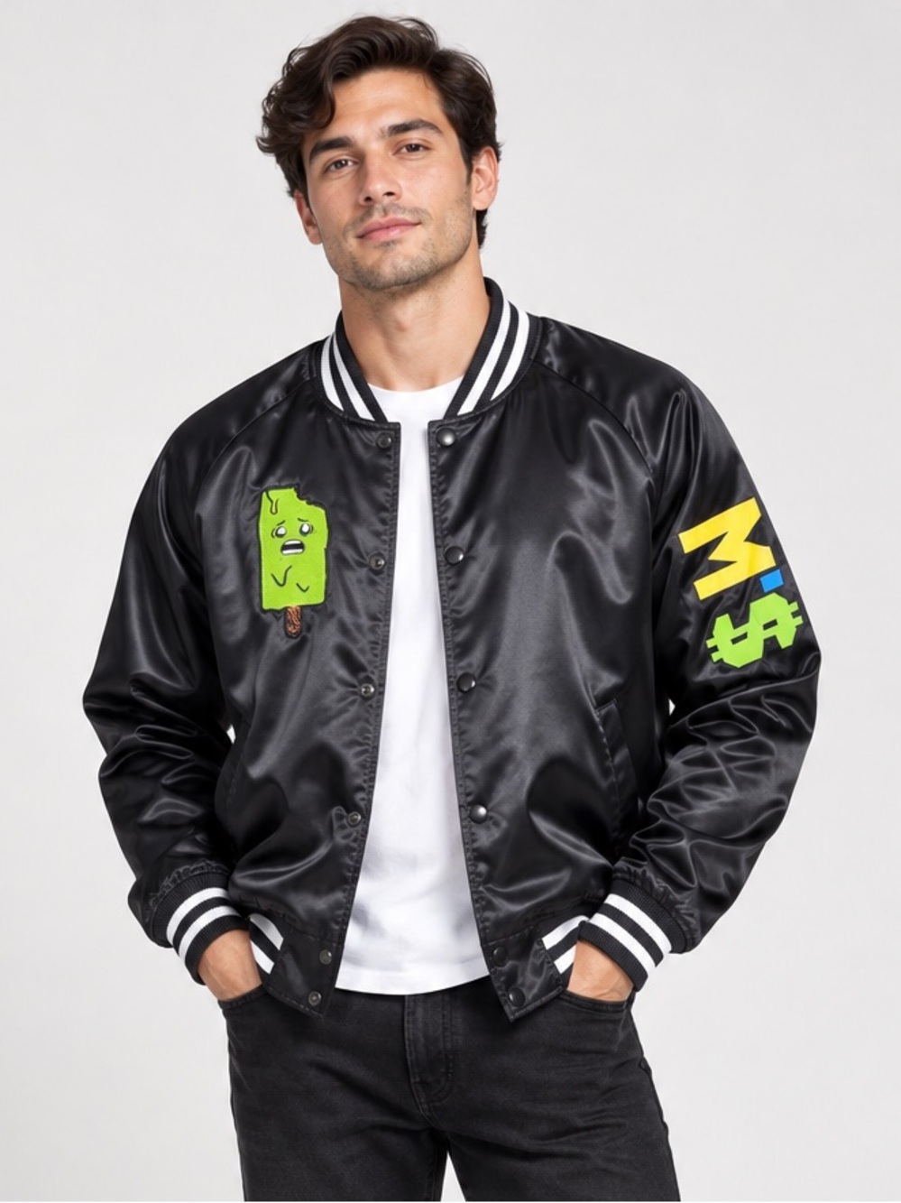 Forever 21 Men Black Satin Graphic Bomber Jacket Size M